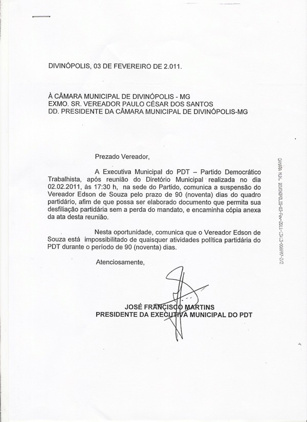 PDT suspende vereador de Divinópolis para forçar sua saída do partido – Vereador diz que processará todos os envolvidos comunicado camara
